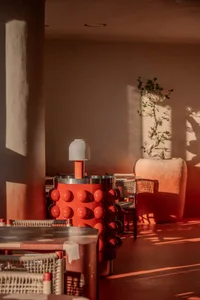 Cozy dining space with red walls, wooden furniture, and a potted plant, lit by dim lighting