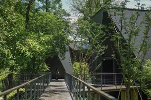 A house with a black exterior and a wooden deck surrounded by trees, featuring a metal railing and a serene natural atmosphere