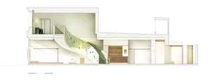 A modern building with a white color scheme, featuring a large staircase and a spiral staircase, set in a brightly lit environment