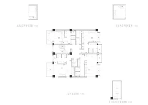 Black and white floor plan of a modern residential building with clean lines, minimalistic design, and predominantly concrete and wood materials