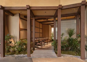 A modern restaurant interior with a wooden floor and ceiling, decorated with potted plants and furnished with chairs and dining tables