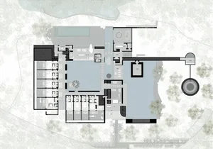 A modern architectural floor plan with a large open space featuring a pool, spa, and dining area, filled with natural light and high-quality materials