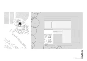 Black and white photo of a modern house with a kitchen, living room, and dining room, featuring concrete and glass materials, dim lighting, and a cozy atmosphere