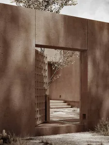 A traditional stone doorway with a tree in the foreground, set in a courtyard with soft, diffused lighting