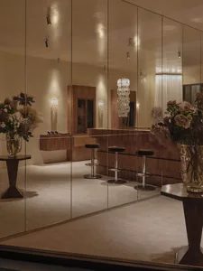 A well-lit modern room with a mirror, bar, chairs, dining table, vases, and potted plants, creating a comfortable and inviting atmosphere