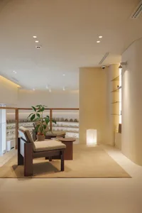 A well-lit living room with a wooden floor, a couch, a chair, and a potted plant, creating a comfortable and inviting atmosphere