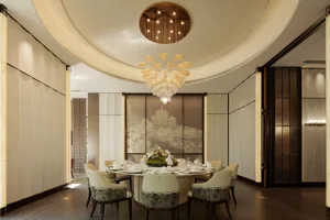 Dining room with a round table and chairs, set with dishes and decorations, surrounded by artwork and a large chandelier, in a modern and sophisticated style
