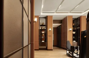 A dimly lit hallway with a wooden floor and brown walls, lined with doors and featuring a chair and bottles on surfaces