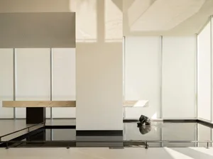 A calm and inviting living room with a black floor, white wall, and natural light from the windows, featuring a modern bench and a dog sitting on it