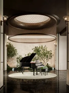 A cozy room with a grand piano, surrounded by potted plants and a rug, creating a warm and inviting atmosphere