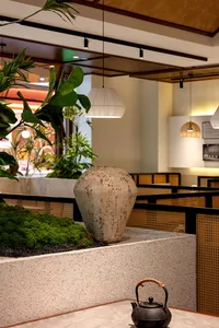 A warm and inviting restaurant interior featuring a large white vase surrounded by potted plants, adding natural beauty to the space