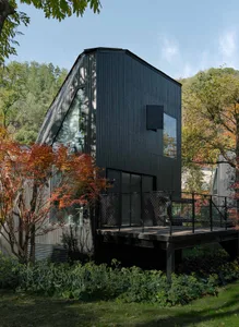 A black triangular house surrounded by trees, with a modern and minimalist interior visible through the windows, and a mix of indoor and outdoor living spaces