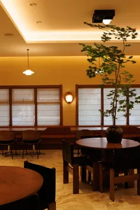 A modern dining area with a long table and chairs, surrounded by a potted plant, in a well-lit and inviting space