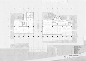 2D floor plan of a modern building with a large dining area, kitchen, living room, and bedroom, featuring clean lines, minimalistic design, and white materials