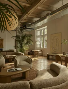 Bright and welcoming open living space with natural light, wood, glass, and metal materials, featuring a couch, chair, dining table, and potted plants