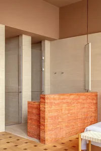 紅橘色花崗岩 countertops、現代設計和溫暖親切的氛圍的浴室