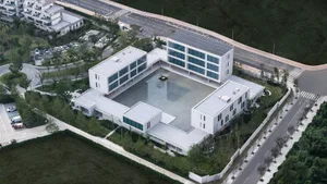 A modern villa with a large pool surrounded by a lush green landscape and a sleek white building with glass, steel, and concrete materials, featuring a soft and diffused lighting effect