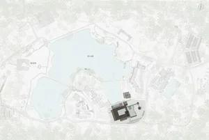 A simple white drawing of a building with a lake in the foreground, featuring a large building and a smaller building nearby