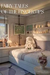 Cozy bedroom with a white comforter, a desk, chair, bookshelf, and vase, featuring soft and warm lighting