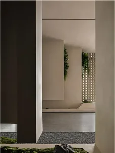A dimly lit hallway with a white wall, a doorway, and several potted plants at varying heights and positions