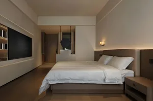A modern bedroom with a large bed, mounted TV, and mirror above the bed, set against a well-lit background