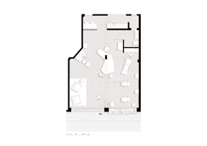 Clean and well-organized living room floor plan with modern furniture arrangement and natural lighting