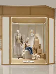 A store display featuring a mannequin and stuffed dogs in a pet store setting