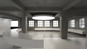 2D floor plan of a large, open space with a white countertop, circular light, and linework, labels, and measurements