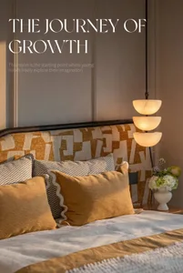 A cozy bedroom with a bed, a lamp, and a vase, featuring a yellow and white color scheme and soft warm lighting