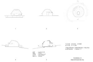 Black and white architectural drawings showing a house's construction process, from initial stage to final stage, with a detailed floor plan of the house's layout and dimensions