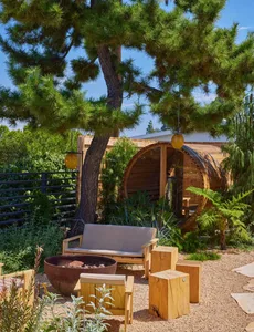 Rustic outdoor living space with a wooden deck, patio, and natural surroundings, featuring a wooden bench, chair, and fire pit, illuminated by natural sunlight