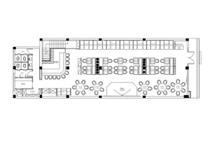 2D floor plan of a modern restaurant with clean lines, minimalistic design, and predominantly concrete and glass materials