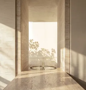 Bathroom with a large window, sink, and bathtub, featuring marble and wood materials and natural lighting
