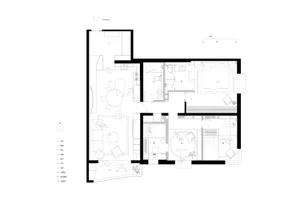 Black and white floor plan of a modern residential space with wood accents, showing a living room, dining room, and kitchen