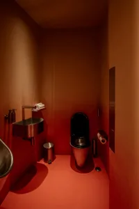 Bathroom with a black toilet, sink, and trash can, set against a bold red wall in a dimly lit space