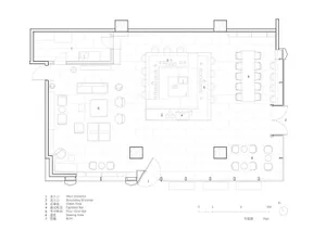 A classic black and white floor plan of a large dining room with multiple chairs and tables, well-lit and inviting