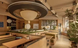 Cozy restaurant interior with a mix of seating options, potted plants, and a circular light fixture, featuring wood and metal elements and soft warm lighting