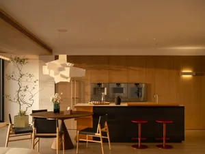 Warm and inviting kitchen and dining area with a wooden table, chairs, kitchen counter, and potted plant