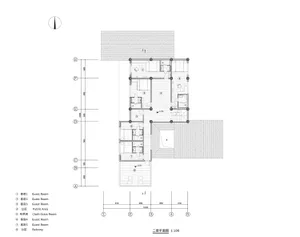 Classic black and white floor plan of a two-story house with guest room, living room, kitchen, bathroom, dining area, and laundry room