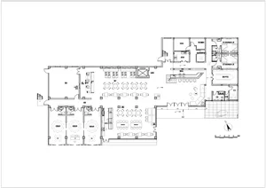 Black and white floor plan of a large restaurant space with dining area, well-lit and simple layout