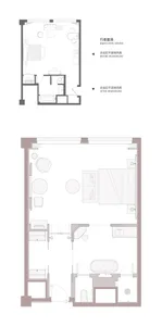 2D floor plan of a modern living space with a white color scheme, featuring a bed, chair, and dining table, with a couch in the background