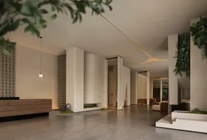 A modern living room with a large window, a couch, a chair, and a dining table, decorated with various furniture and decorative elements, and well-lit with natural light