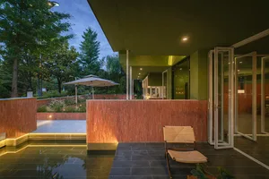 A modern house with a green exterior, a pool, and a patio area with a chair and dining table, surrounded by natural light and greenery