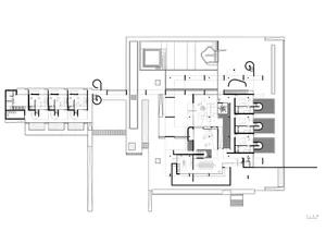 A simple white drawing of a bathroom floor plan with a staircase, sink, and toilet, and labels and measurements