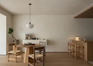 A modern dining room with a wooden floor, a dining table, chairs, and a potted plant, featuring a sink and a bowl, in a dimly lit space