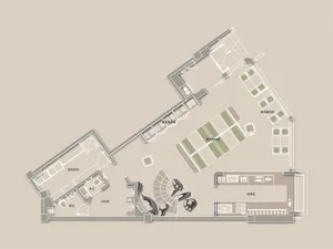 2D top-down floor plan of a modern hotel with concrete and glass construction, showing room layout and dimensions