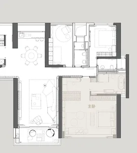 A 2D floor plan of a modern house with a living room, dining room, and kitchen, featuring clean lines, minimalistic design, and neutral colors, with sunlight streaming in through the windows