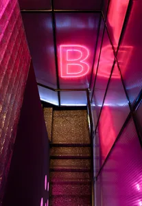 A modern staircase in a hallway with a pink lighting effect, surrounded by a stylish interior setting