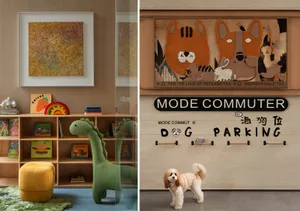 A warm and inviting living space with a dog, a dinosaur toy, and a bookshelf filled with books, set against a background of a sign that says Mode Commune