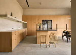 Warm and inviting kitchen with wooden cabinets, a center island, and a potted plant, set against a well-lit background